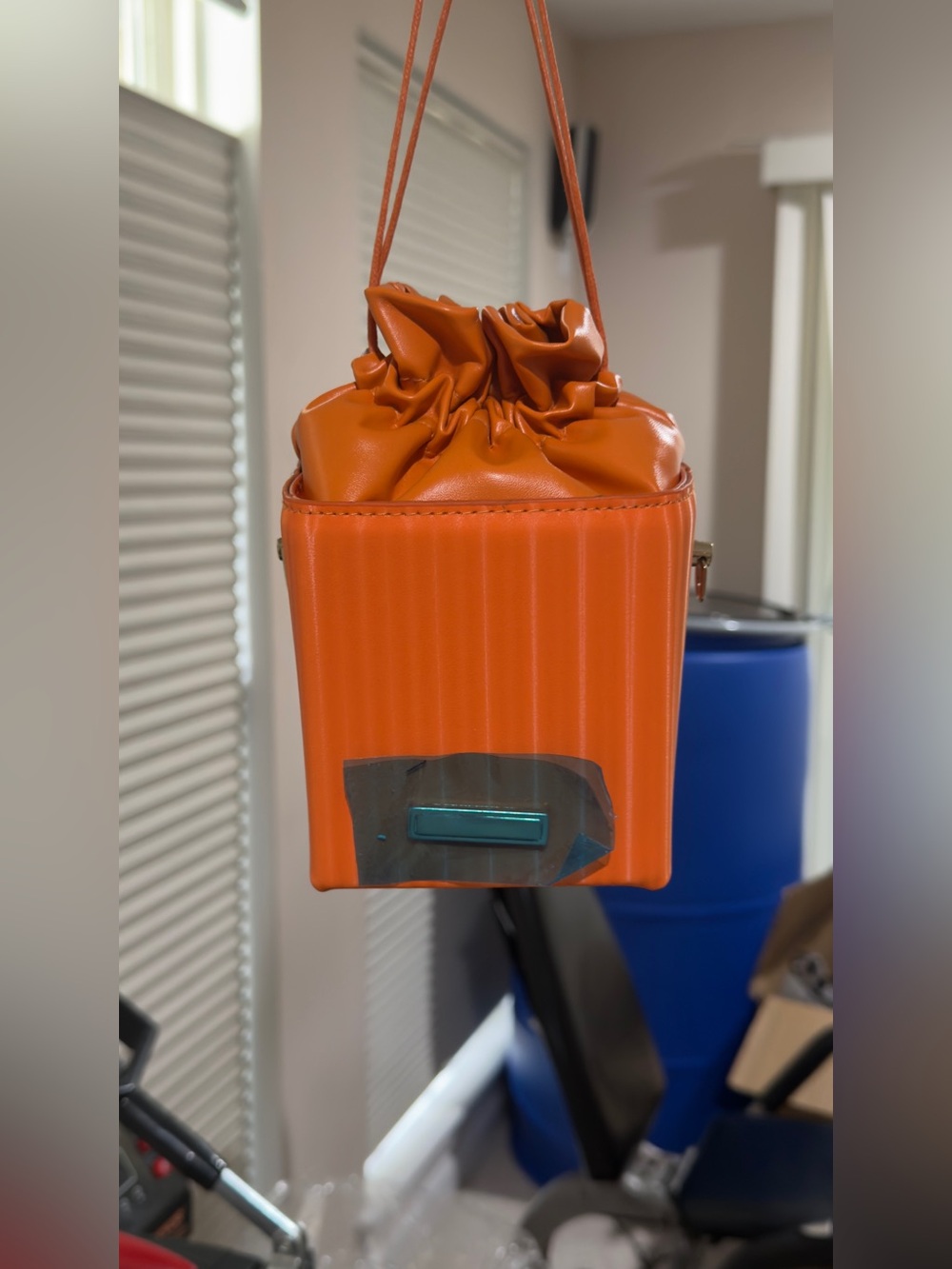 Orange Leather Drawstring Crossbody Bag